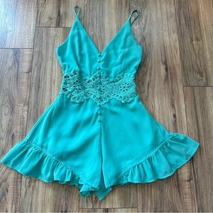 Elegant Light Teal Lace-Trimmed Women's Romper
